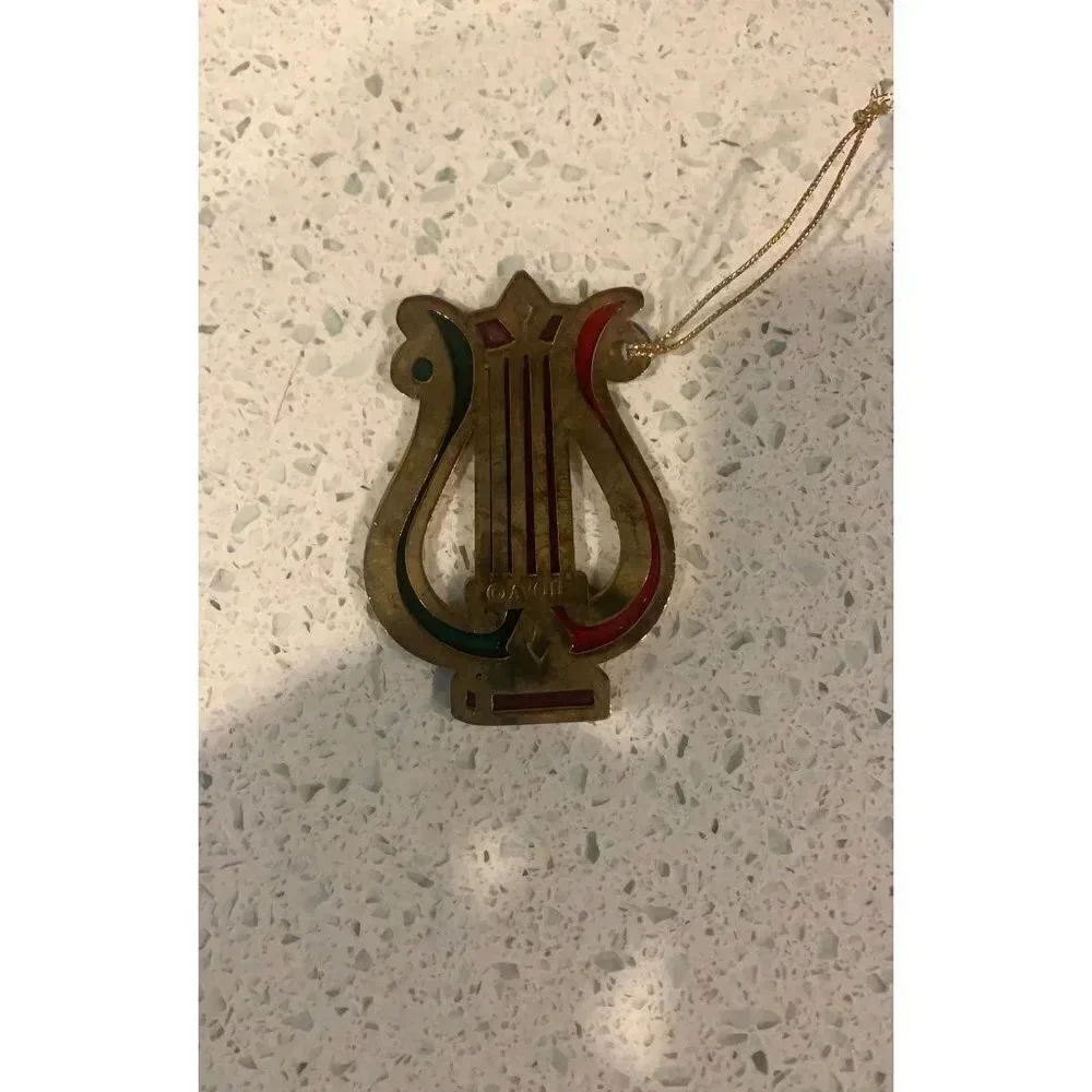 Avon harp shaped golden Stained Glass green red ornament xmas‎ sd
